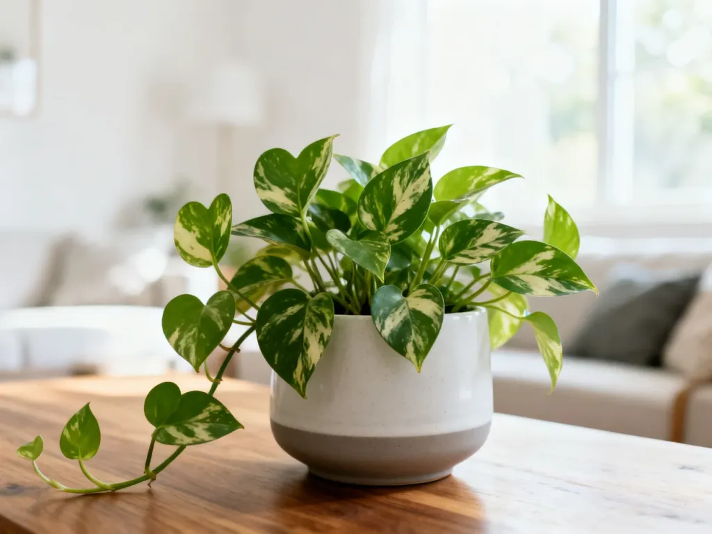 Epipremnum happy leaf o pstrych liściach w ceramicznej doniczce na drewnianym stole w jasnym, nowoczesnym salonie.