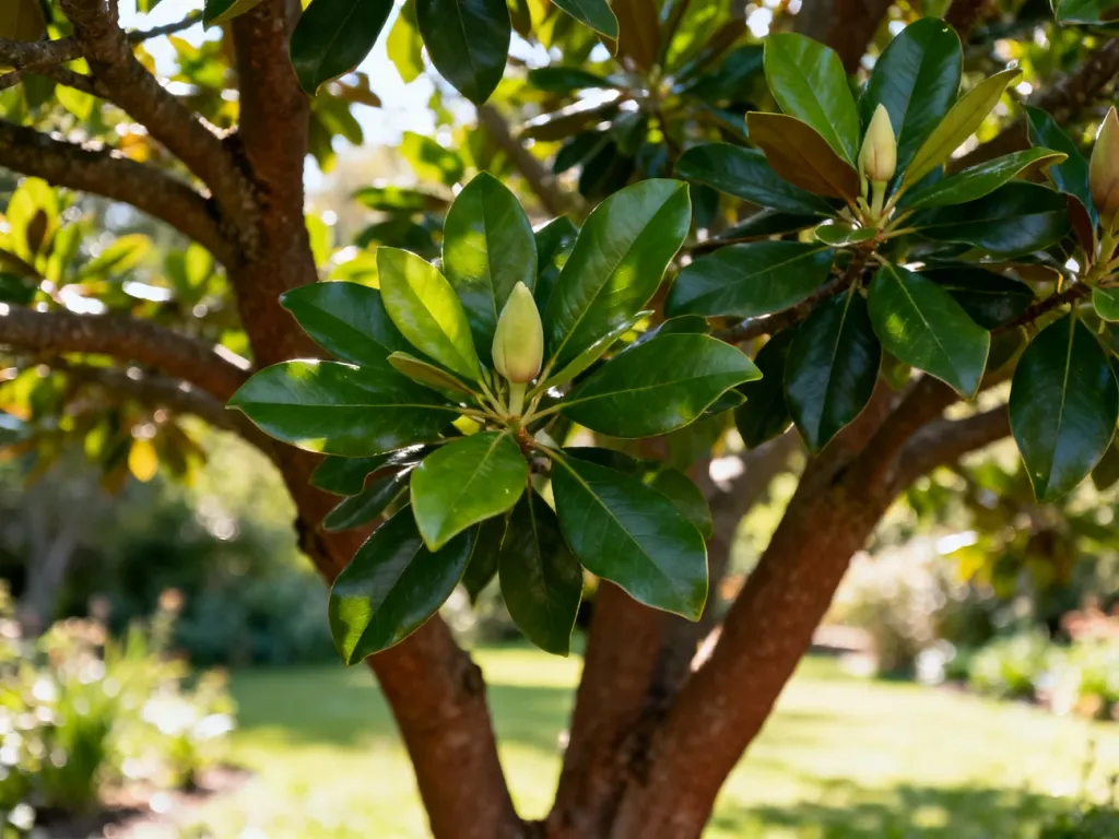Dorodne, zielone liście i gałęzie magnolii po okresie kwitnienia w słonecznym ogrodzie.