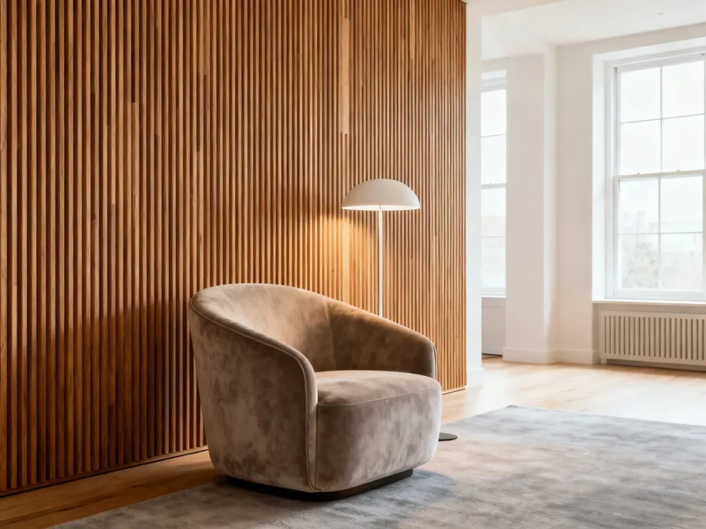 Nowoczesny salon z dekoracyjną ścianą z drewnianych paneli akustycznych, welurowym fotelem i minimalistyczną lampą.