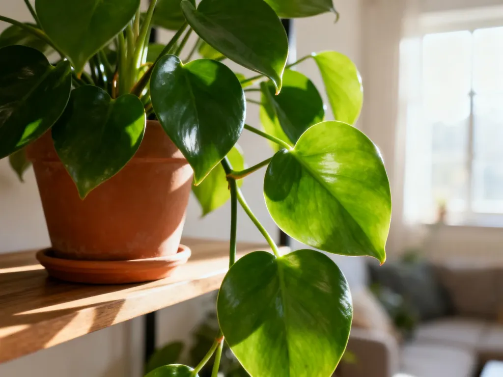 Lush, green Philodendron with heart-shaped leaves in a terracotta pot, illuminated by soft morning light.