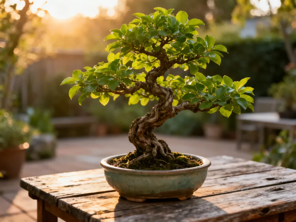 Miniaturowe drzewko bonsai w ceramicznej doniczce na drewnianym stole, prezentujące precyzyjnie uformowane gałęzie.