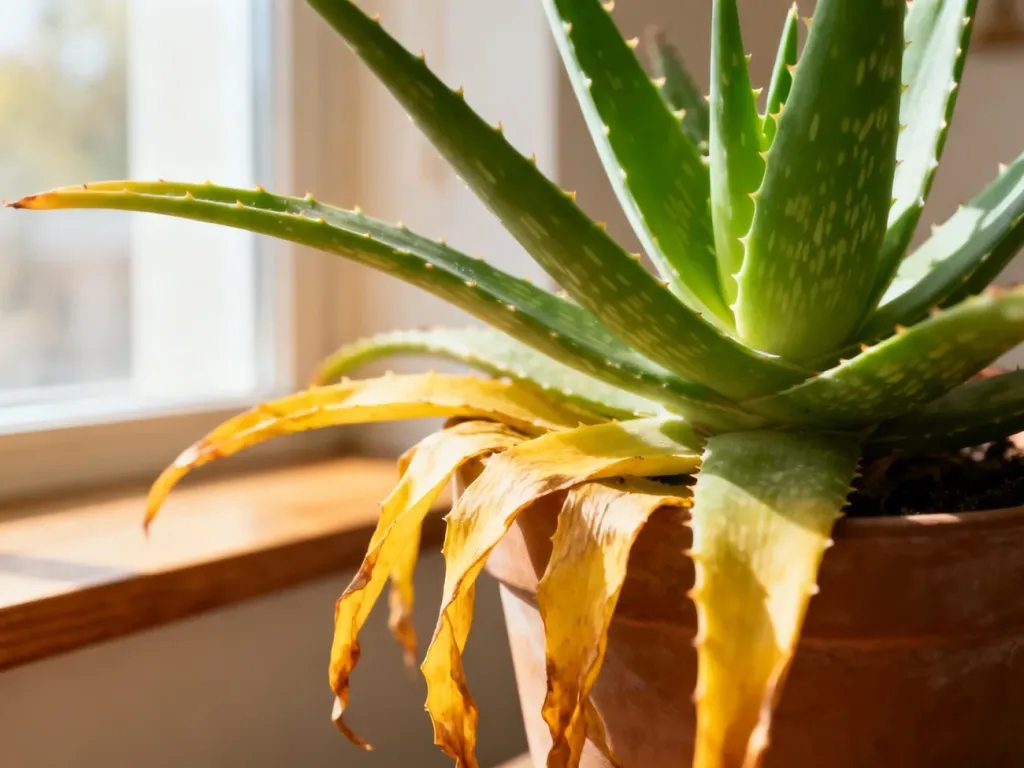 Aloes w doniczce z widocznymi żółknącymi i opadającymi liśćmi na tle zdrowych, zielonych części rośliny.