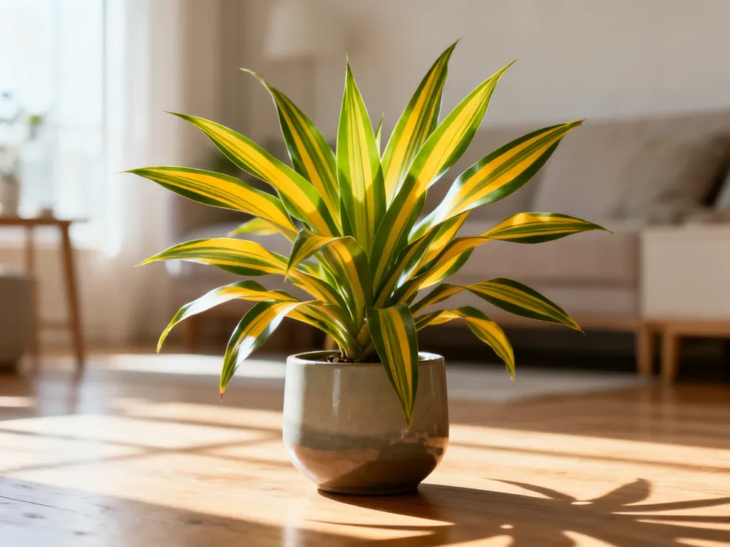 Dracena o zielonych liściach z żółtymi paskami w nowoczesnej doniczce, ustawiona w jasnym, słonecznym salonie.