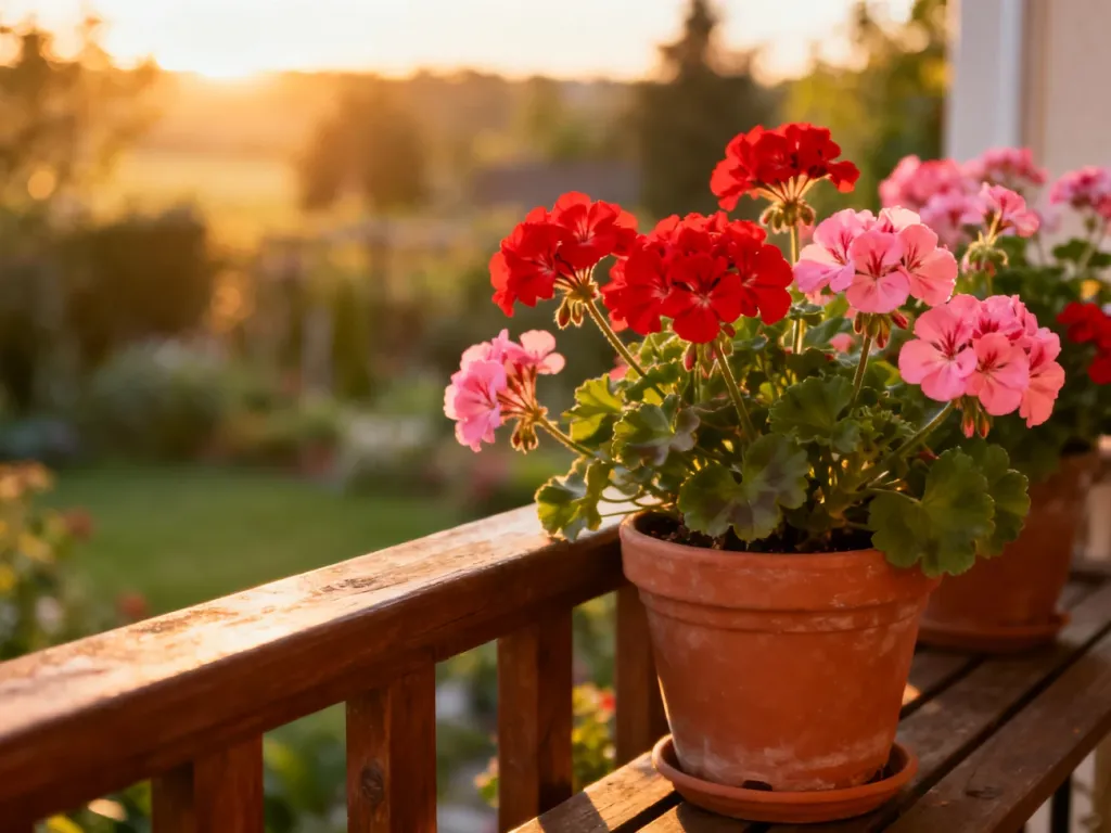 Czerwone i różowe pelargonie w doniczkach na drewnianej balustradzie w promieniach zachodzącego słońca.