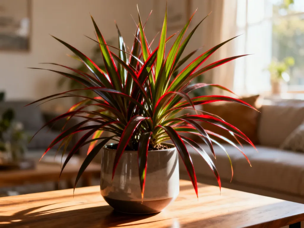 Dracena marginata w nowoczesnej doniczce na drewnianym stole, oświetlona ciepłym porannym światłem w przytulnym salonie.
