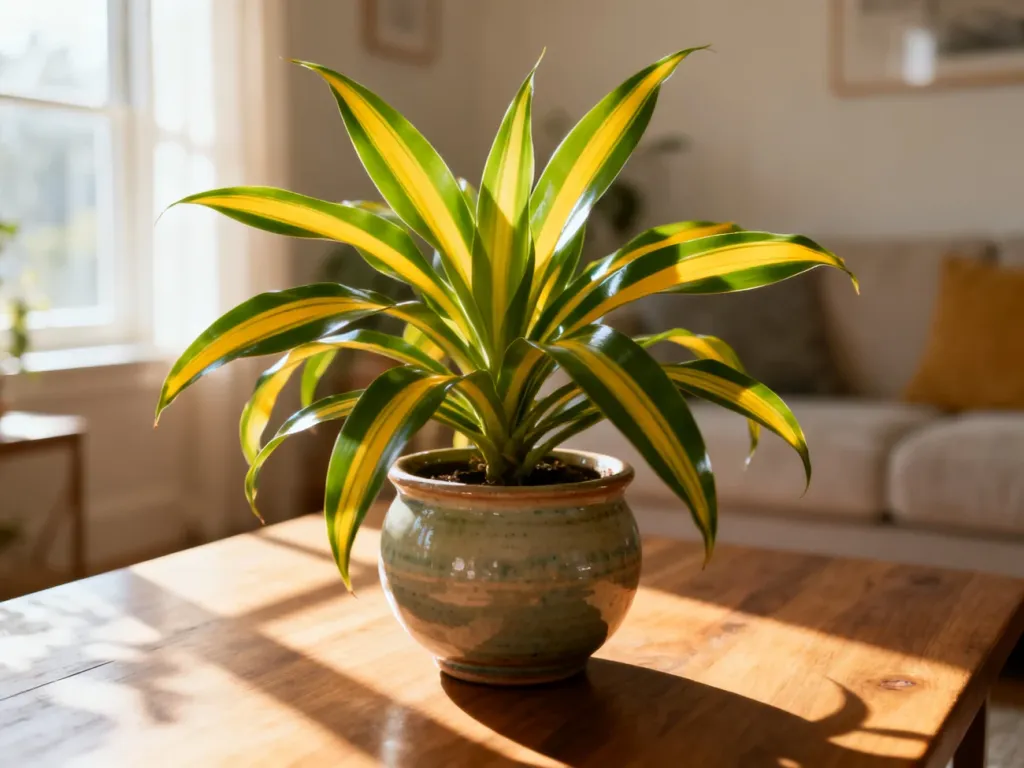 Dracena fragrans w ceramicznej doniczce na drewnianym stole, oświetlona porannym światłem w przytulnym salonie.