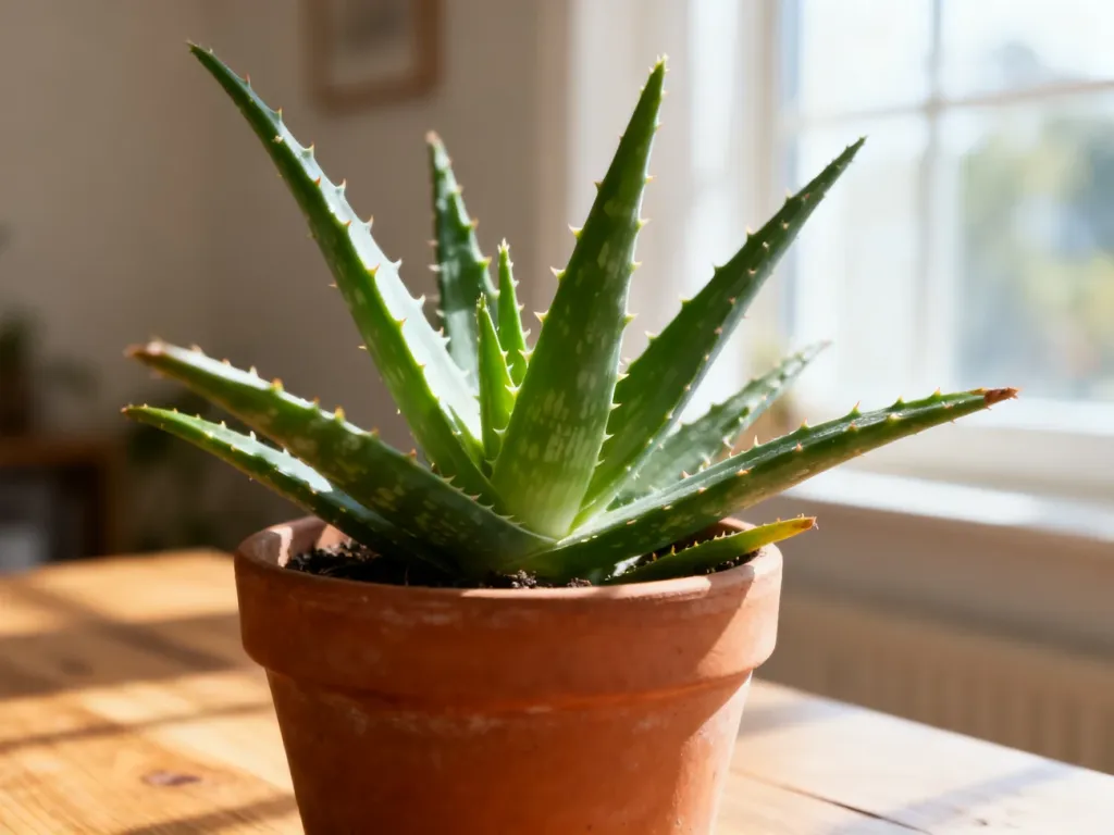 Zdrowy aloes w terakotowej doniczce na drewnianym stole, oświetlony naturalnym porannym światłem.