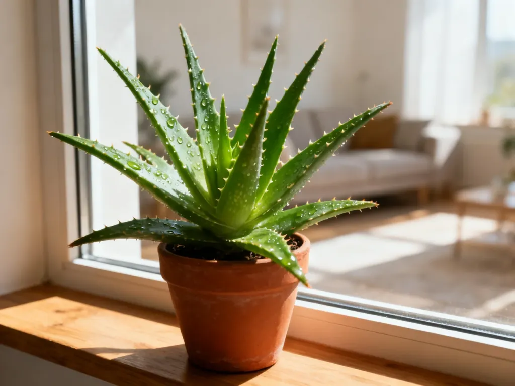 Zdrowy aloes w terakotowej doniczce na drewnianym parapecie, skąpany w porannym świetle słonecznym.